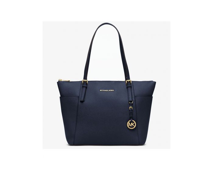 MICHAEL Michael Kors Outet Jet Set Large Top-Zip Leather Tote Navy Blue - Click Image to Close