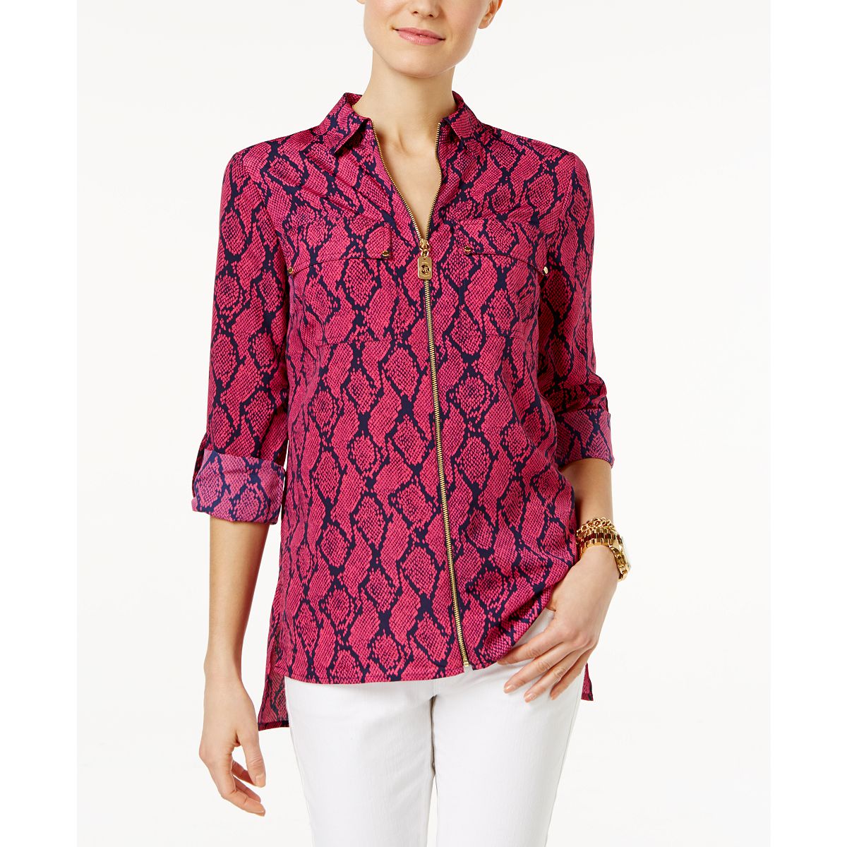 MICHAEL Michael Kors Outet Outlet Printed High-Low Blouse Electric Pink